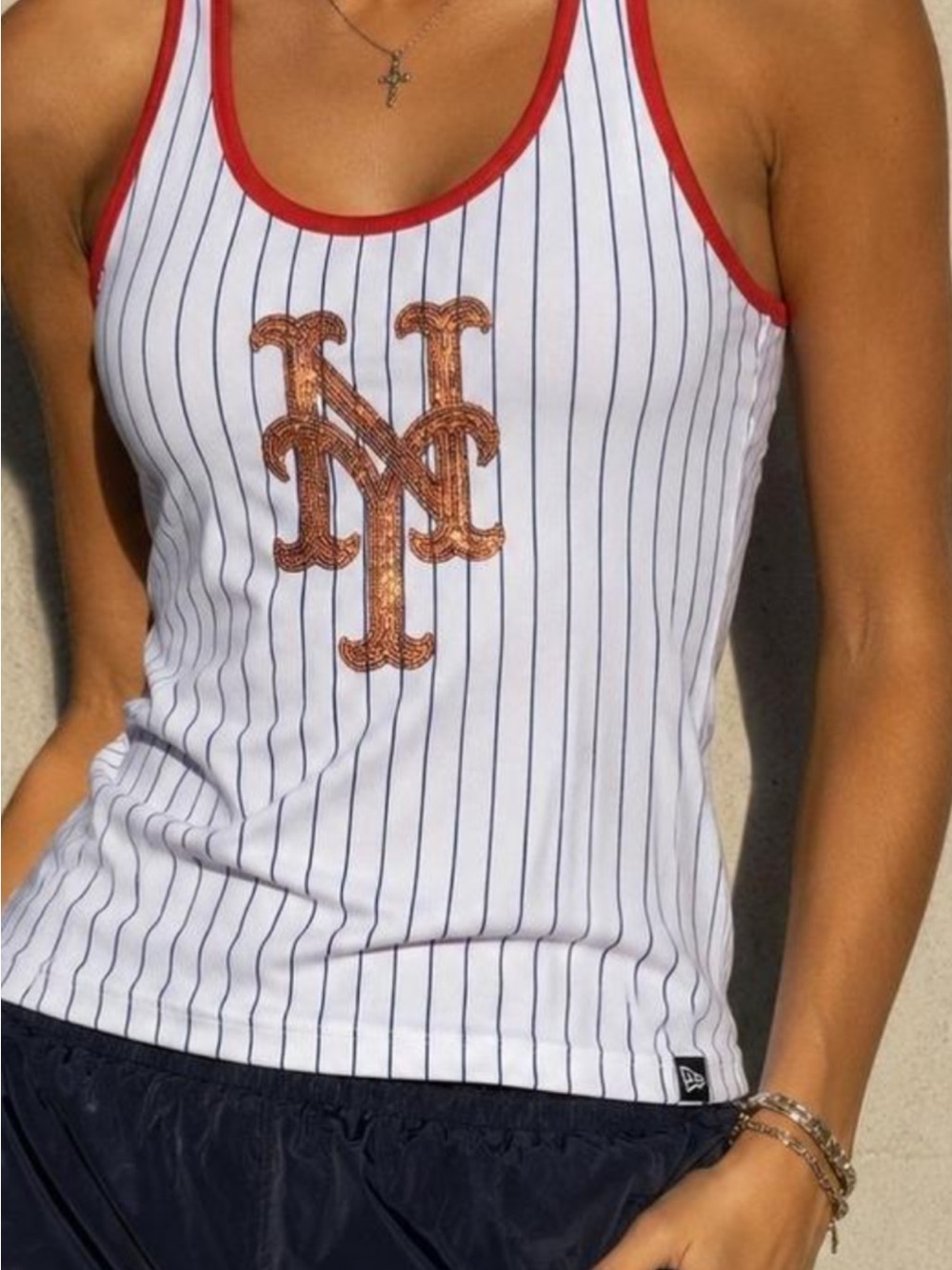 NY Mets Pinstripe Sequin Racerback Tank